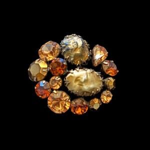 Vintage Regency Mock Pearl, Topaz, and Amber Colored Rhinestone Cluster Brooch